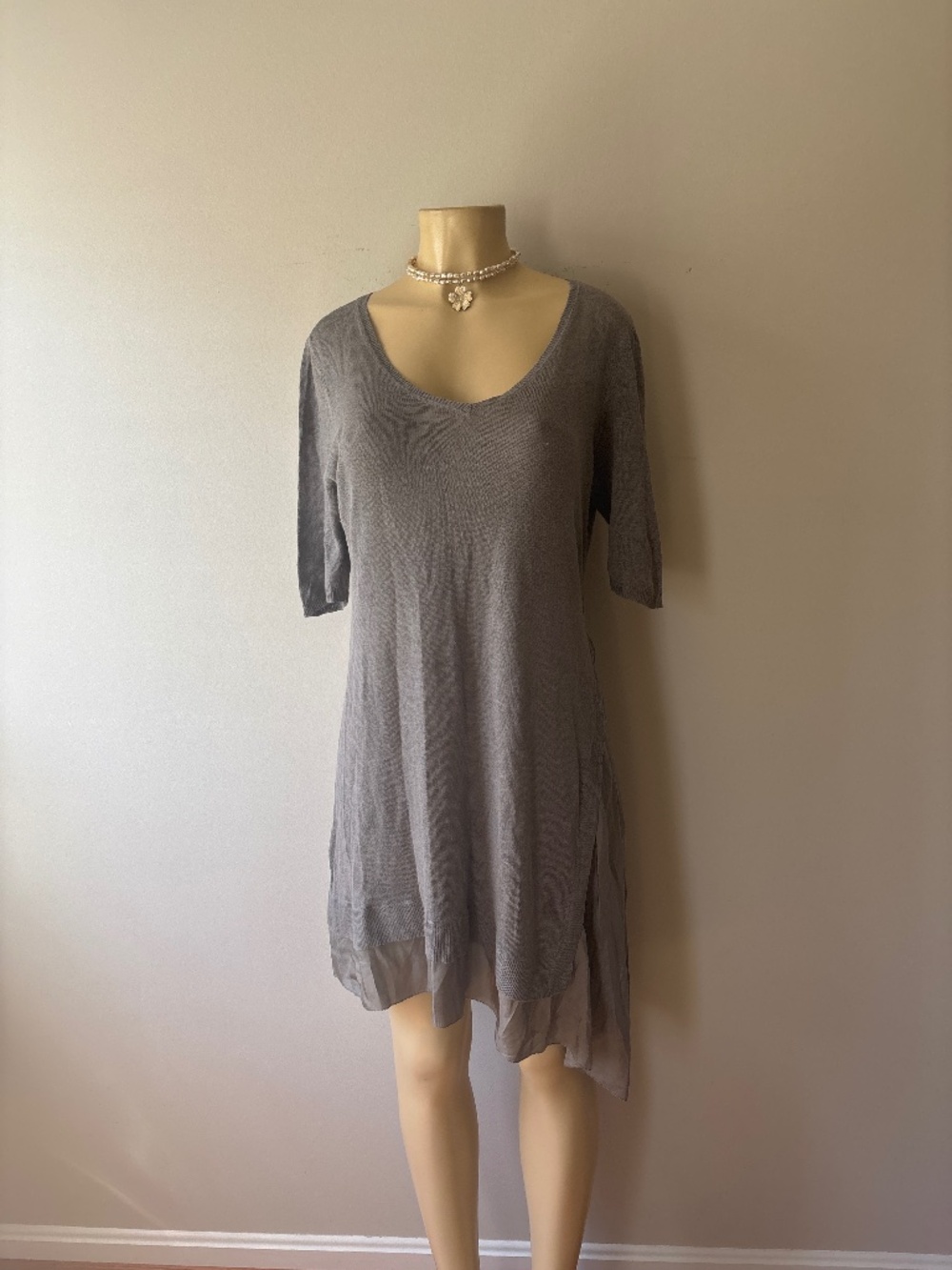 Eileen Fisher Grey Linen  Silk V-neck Lagenlook Dress M